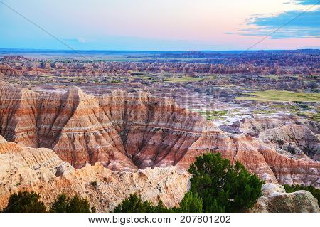 Scenic view at Badlands National Park South Dakota USA at sunset