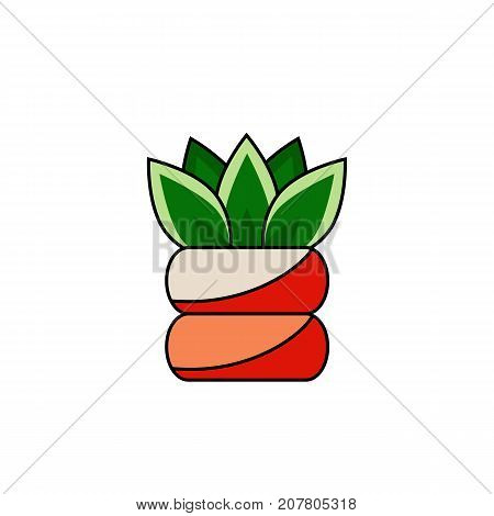 House plant with big green leaves. Line flat icon of succulent in pot. Indoor flower isolated vector illustration for interior design concepts.