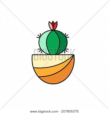 Ball shaped cactus with little flower on top. Potted succulent vector icon in flat line minimalistic design. Illustration of house plant on isolated white background.