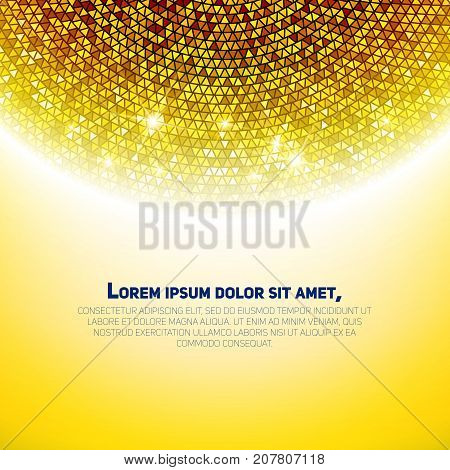 Holiday gold illustration with bright sparkles, round frame and place for text. Glamour eclipse.