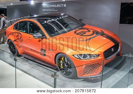 Frankfurt-September 20: Jaguar XE SV Project 8 at the Frankfurt International Motor Show on September 20 2017 in Frankfurt