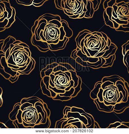 Rose flower seamless pattern. Gold roses on black background. Stock vector.