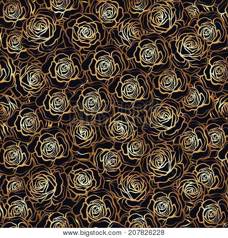 Rose flower seamless pattern. Gold roses on black background. Stock vector.