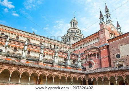 Pavia, Italy - April 22, 2011: The small cloister of the Charterhouse