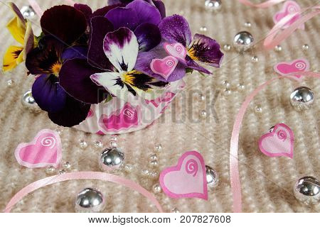 Valentine's Day. Pansies with hearts and ribbons