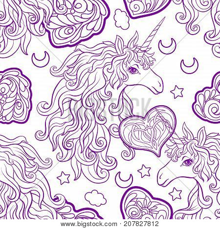Unicorn with multicolored mane, butterfly rainbow, star and love heart. Seamless pattern. in purple colors. Outline hand drawing. Stock vector.