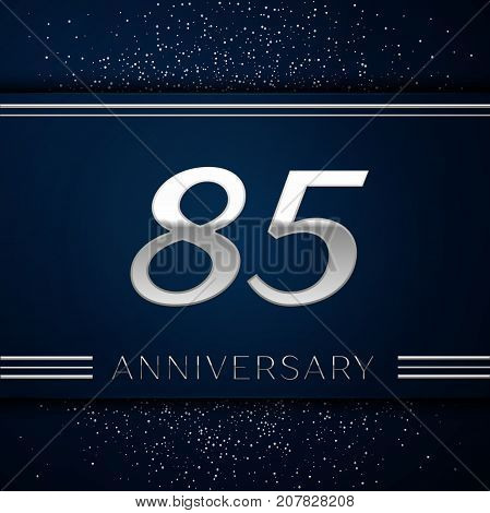 Realistic Eighty five Years Anniversary Celebration Logotype. Silver numbers and silver confetti on blue background. Colorful Vector template elements for your birthday party