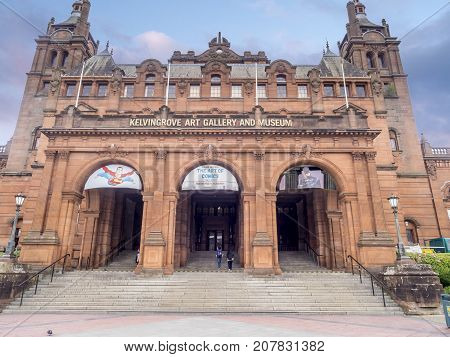 GLASGOW, SCOTLAND - JULY 21: Exterior Facade of the Kelvingrove Art Gallery and Museum in Glasgow Scotland United Kingdom on July 21, 2017. The Kelvingrove is an main tourist attraction in Scotland.