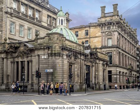 GLASGOW, SCOTLAND - JULY 21: Beautiful victorian architecture on Ingram Street on July 21, 2017 in Glasgow, Scotland. Glasgow is known for its Victorian architecture from the 19th century.