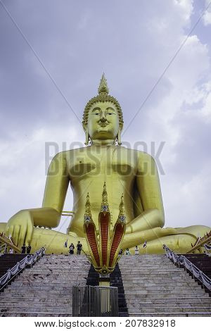 The big golden Buddha statue in Muang temple Ang Thong Thailand.