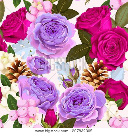 Vector floral seamless pattern with roses and berries