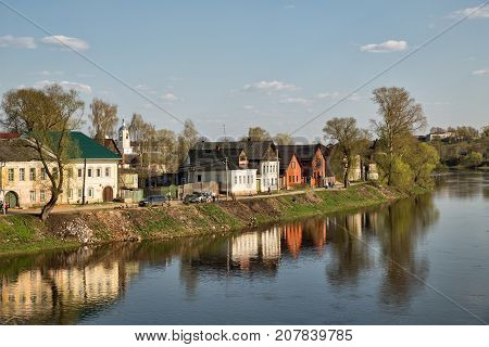 The provincial Russian town of Torzhok. Embankment of the river Tvertsa