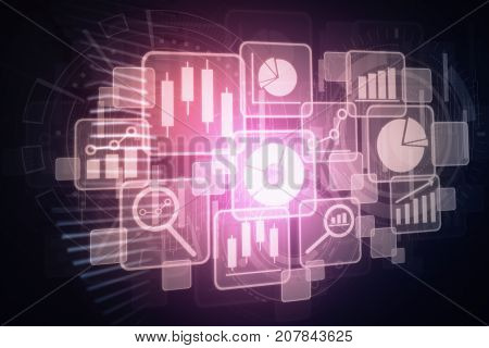 Side view of abstract glowing digital interface onblack background. Interface concept. 3D Rendering