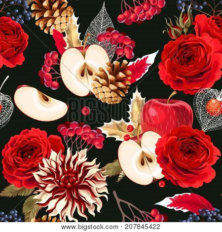 Vector floral seamless pattern with roses and winter berries