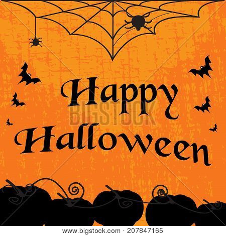 Halloween Typographic banner calligraphy with Scary elements such as webSpider pumpkin and bat with vector lettering Happy Halloween. Vector illustration