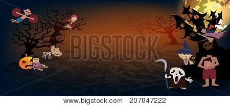 Halloween Background,spooky Many Character Of Ghost With Fullmoon