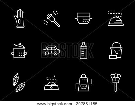 Symbols of household tasks and chores. Cleaning accessories, cooking, nursing and pets care. Set of simple white line design vector icons on black.