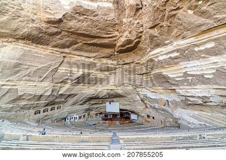 Cairo, Egypt - December 18 2016: Virgin Mary and St. Simon the Tanner Cathedral. The biggest church of seven churches of Saint Samaan The Tanner Monastery hidden in a series of caves in Mokattam hills