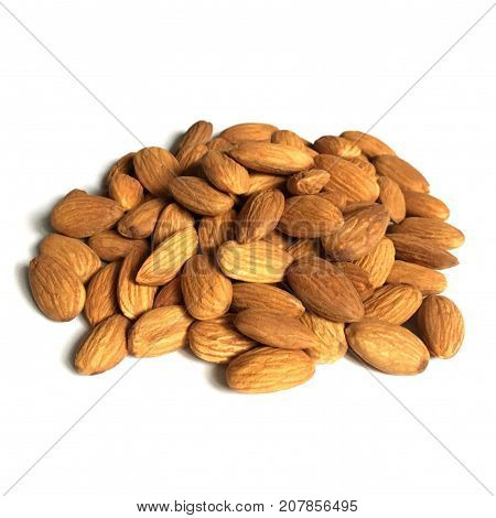 Spilled almond nuts on white background, isolate