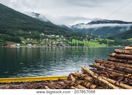 View of Kaupanger and Sognefjord. Kaupanger is a town within Sogndal Sogn og Fjordane Norway