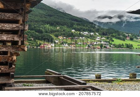View of Kaupanger and Sognefjord. Kaupanger is a town within Sogndal, Sogn og Fjordane, Norway