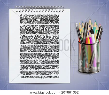 Illustration of notebook with floral borders colored pencils pens and marker in holder