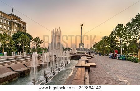 Fountain and Independence Monument in Dushanbe, the Capital of Tajikistan. Central Asia
