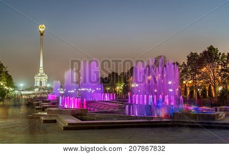 Fountains and Independence Monument in Dushanbe, the Capital of Tajikistan. Central Asia