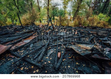 Destroyed by fire wooden house completely burned to the ground