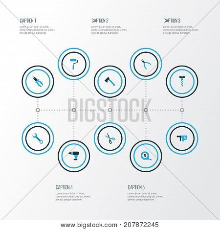 Handtools Colorful Icons Set. Collection Of Spanner, Paint, Shears And Other Elements