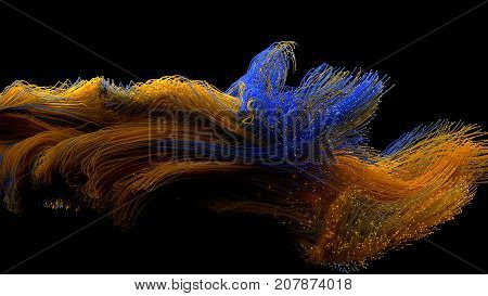 colorful fiber optic cables swarm in dark. 3d illustration