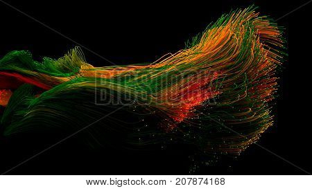 colorful fiber optic cables swarm in dark. 3d illustration