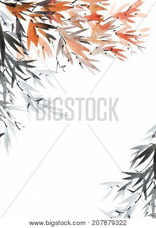 Watercolor and ink illustration of tree foliage. Oriental traditional paintind u-sin sumi-e. Postcard format of picture.