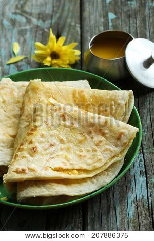 Puran Poli / Holige/ Obbattu - Indian sweet flatbread selective focus