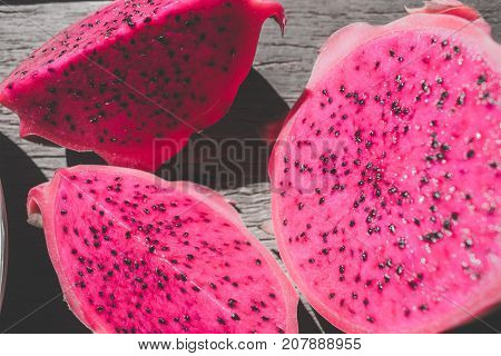 Slices Of Red Dragon Fruit, Soft Focus Or Blur Background