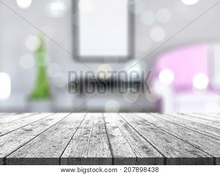 3D render of a wooden table looking out to a defocussed lounge 