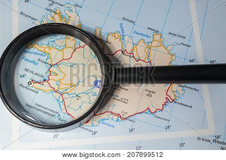 Vinnitsa Ukraine - August 25 2017: Reykjavik map through the magnifying glass