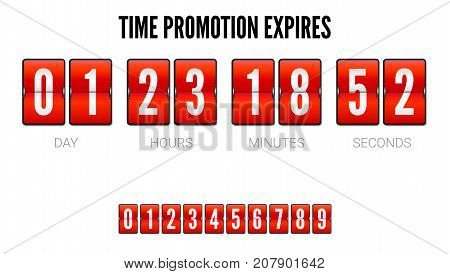 Promotions expires, analog flip clock timer. Template of flip countdown timer clock counter. Red mechanical clock for countdown isolated on white background. Set of numbers for timer, 3D illustration.