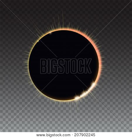 Solar eclipse - full sun eclipse. Bright light rays on black backdrop. The planet covering the Sun in eclipse. Glow light effect. Isolated on transparent background.