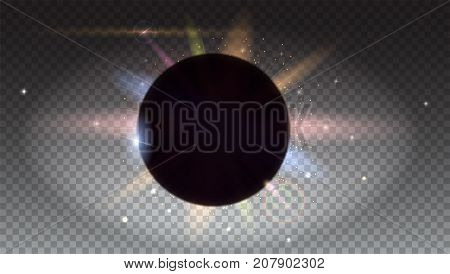 Solar eclipse, astronomical phenomenon, light rays and lens flare backdrop. Star burst with sparkles. The planet covering the Sun in eclipse. Horizontal, isolated on transparent.