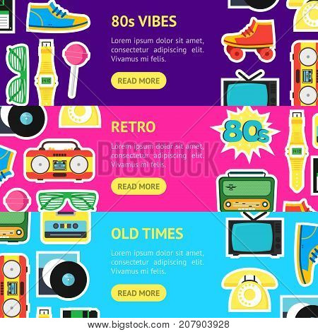 Cartoon Eighties Style Symbol Banner Horizontal Set Retro Concept of Audio Tape, Phone and Shoe Accessory Hipsters. Vector illustration