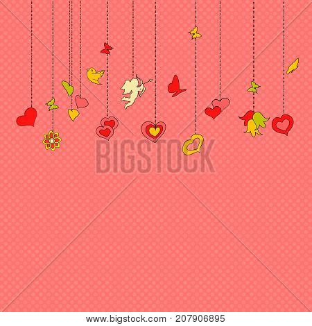 Little hanging hearts and other decorations on pink background. Greeting card for Valentine's day Mother Day or Wedding Engagement invintation. Save the date card. romantic vector illustration