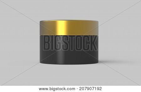 Blank black container round bottle with golden lid without any design in 3d rendering gray background