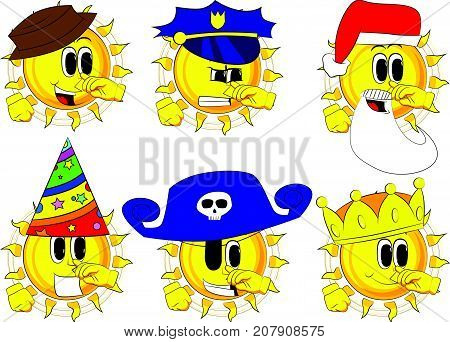 Cartoon sun with symphaty. Collection with costume. Expressions vector set.