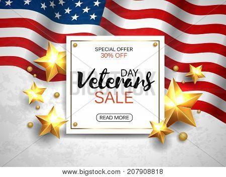 Veterans Day Sale banner template. Patriotic background with golden stars and flag. Vector illustration