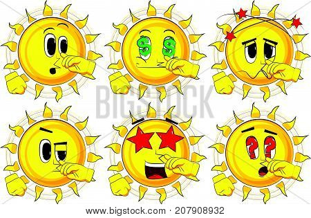 Cartoon sun with symphaty. Collection with various facial expressions. Vector set.