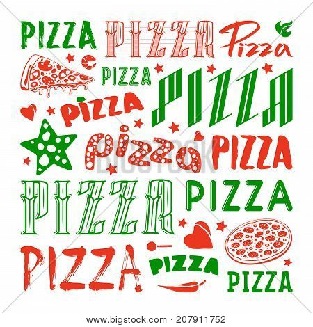 Stock vector set of typographic pizza logo and cover for boxes. Color print on white background