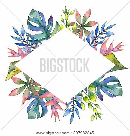Tropical Hawaii leaves frame in a watercolor style. Aquarelle wild flower for background, texture, wrapper pattern, frame or border.