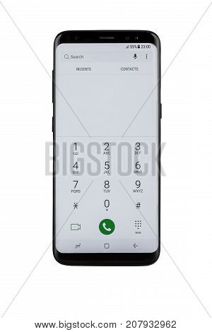 Varna Bulgaria - May 11 2017: Studio shot of a black Samsung Galaxy S8 smartphone with 12 MP f 1.7 26mm Camera quad-core 23 GHz and 1440 x 2960 pixels pixels Display Resolution