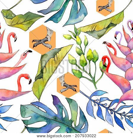 Tropical Hawaii leaves pattern in a watercolor style. Aquarelle wild flower for background, texture, wrapper pattern, frame or border.